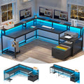 SEDETA L Shaped Gaming Desk, 66" Home Office Desk with Wood File Drawer & Power Outlet, Corner Gaming Computer Desk with Led Lights, Monitor Shelf and Printer Storage Shelves, Two Person Desk, Black