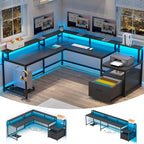 SEDETA L Shaped Gaming Desk, 66" Home Office Desk with Wood File Drawer & Power Outlet, Corner Gaming Computer Desk with Led Lights, Monitor Shelf and Printer Storage Shelves, Two Person Desk, Black