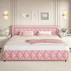 BarnFurin King Size Bed Frame, Faux Leather Upholstered Bed with Diamond Tufted Headboard, Modern King Size Bed with Wooden Slats Support, No Box Spring Required, Easy Assembly, Pink