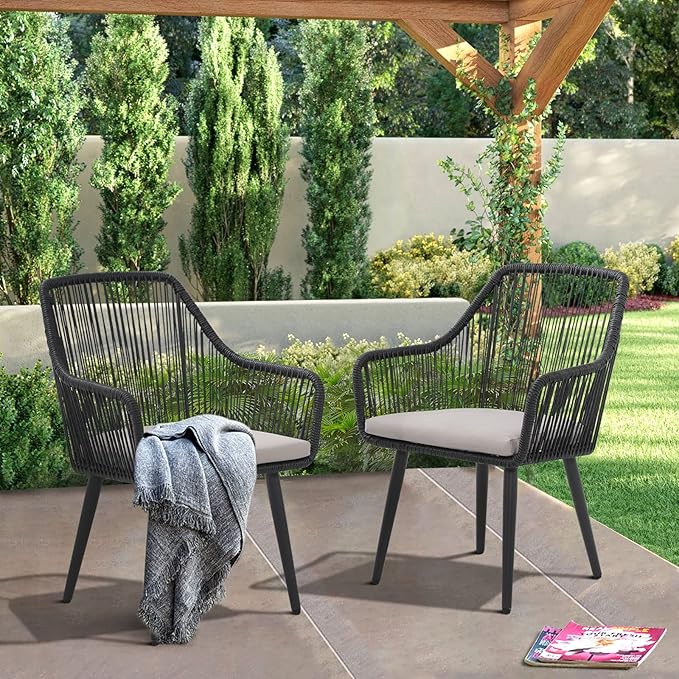 JOIVI Patio Dining Chairs Set of 2, Outdoor Rattan Chairs with Armrest and Cushions for Outside Lawn, Garden, Backyard, Indoor, Outdoor Dining Chairs, 350lb Weight Capacity, Black Patio Chairs