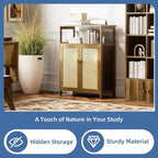 HITNET Rattan Bathroom Floor Cabinet, Freestanding Bamboo Storage Cupboard with 2 Doors, Living Room Sideboard, Space Saving, Walnut
