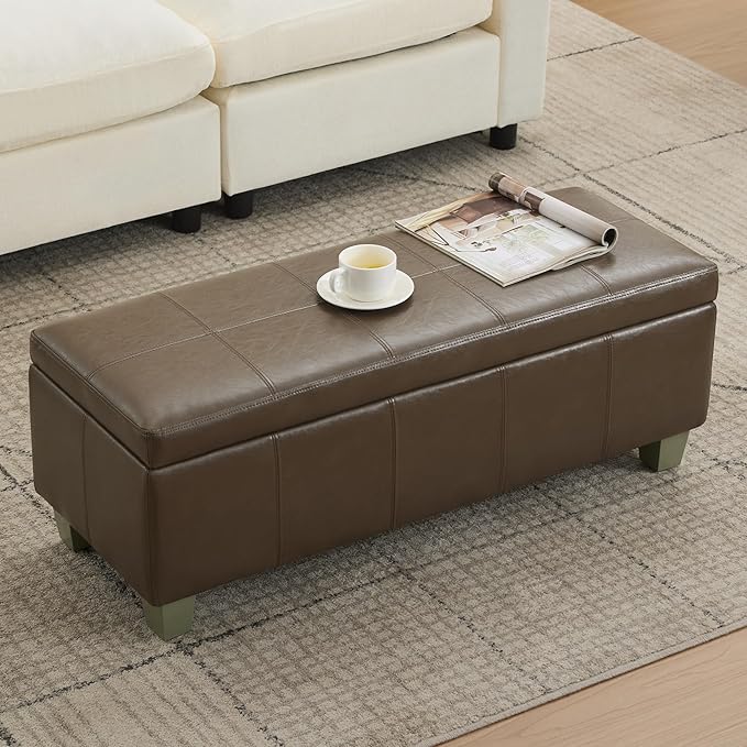 41" Faux Leather Storage Ottoman, Stitch Tufted Rectangle Upholstered End of Bed Storage Bench, Entryway Large Couch Ottoman with Wooden Legs, Coffee