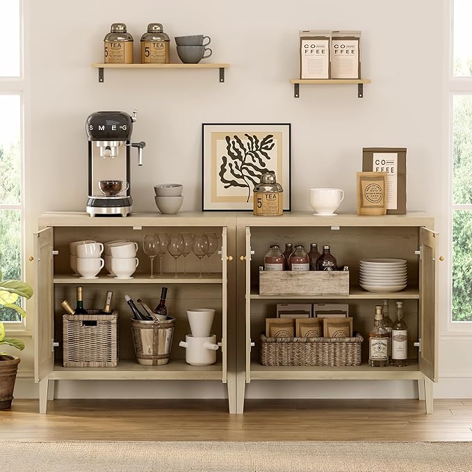 63" Large Buffet Cabinets Set of 2, Farmhouse Sideboard Cabinet with Storage, Accent Credenza Cabinet, Wood Kitchen Cabinets, Coffee Bar Console Table for Living, Dining Room, Light Oak