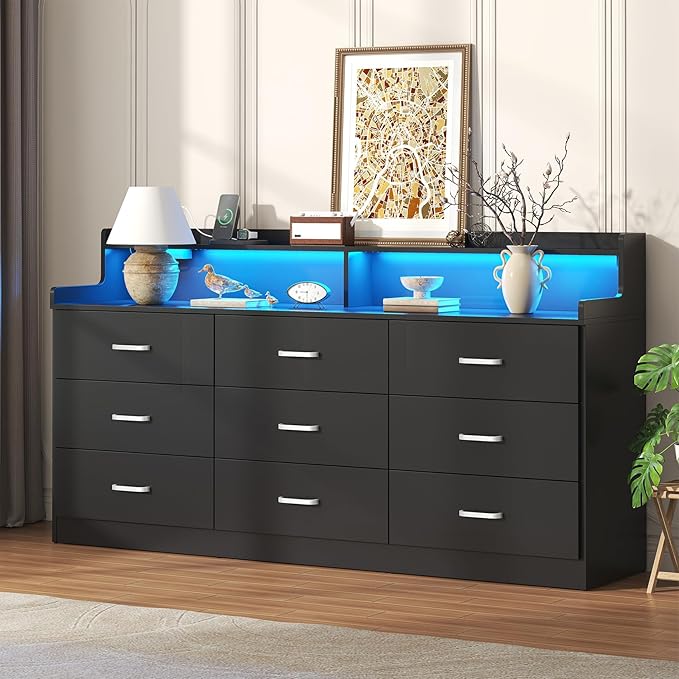 Bigbiglife 9 Drawer Dresser with Built in Power Outlet and LED Light, Modern Chest of Drawers for Bedroom, Triple Wide Drawer Organizer Cabinet for Living Room, Entryway, Hallway, Black