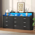 Bigbiglife 9 Drawer Dresser with Built in Power Outlet and LED Light, Modern Chest of Drawers for Bedroom, Triple Wide Drawer Organizer Cabinet for Living Room, Entryway, Hallway, Black