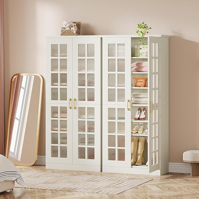 Tribesigns 70-Inch Tall Shoe Cabinet with Doors, 8-Tier Shoe Storage with Adjustable Shelves, Modern Shoe Organizer Shoe Rack Cabinet for Entryway, Hallway, Closet, Living Room, White and Gold