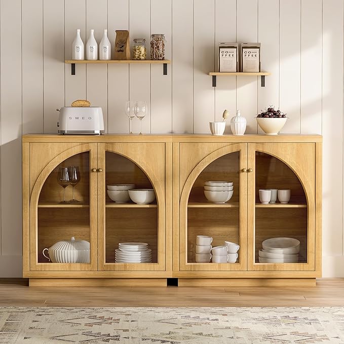 Sideboard Buffet Cabinet Set of 3, Storage Cabinet with Adjustable Shelf Modular Accent Display Case with Acrylic Doors Console Table for Living Room Kitchen Entryway, Natural Oak