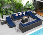 NICESOUL 13 Piece Outside Furniture with Firepit, Extra Large Outdoor Sofa Set with Lounges, Oversized Wicker Patio Sets with Long Fire Pits and Double Chaise, Big 10-Persons Seating Group, Gray&Navy