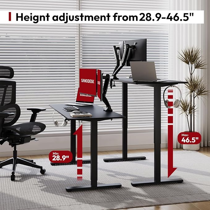 SANODESK Electric Standing Desk 48x24 Inch Height Adjustable Stand Up Desk Home Office Computer Workstation Sit Stand Home Office with Splice Board (Black Frame + Black Top)
