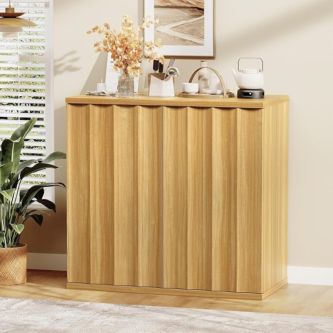 Fluted Sideboard Cabinet with Storage, 31.5" Coffee Bar Cabinet, Modern Kitchen Buffet Cabinets with Doors, Entryway Cabinets for Living Room, Kitchen, Coffee Bar, Natural