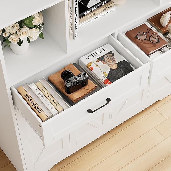 HOSTACK 71" Tall Bookcase with Drawers and Doors, 47" Wide Book Shelf and Bookcase with Storage, 6 Tier Large Book Storage Cabinet with 14" Deep Display Shelves for Living Room, Home Office, White