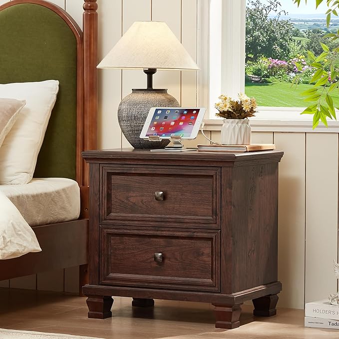 Farmhouse Nightstand Set of 2, Rustic Low Nightstands with 2 Drawers & Charging Station, Vintage Night Stands with 4 Square Solid Wood Legs, Small Dresser for Bedroom, Home, Walnut