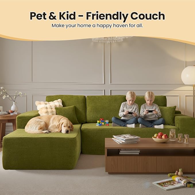 104" Cloud Sectional Couch with Chaise, Boneless L-Shaped Cloud Couch with Deep Seat, Modern Minimalist Sofa, Assembly Free Comfy Sofa for Office Living Room Study Room Apartment(Green, Left Chaise)