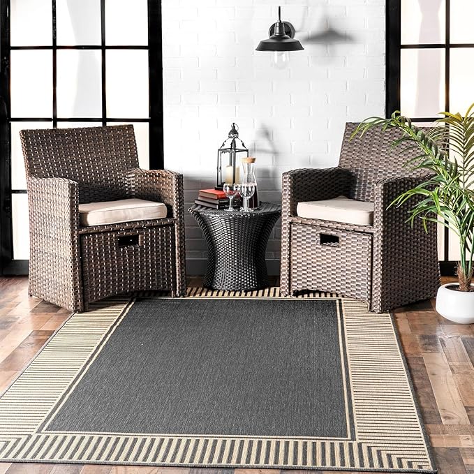 nuLOOM 8' x 10' Outdoor Area Rug, Casual Design With Striped Border, Stain Resistant, Highly Durable, For Patio, Balcony, Bedroom, Living Room, Dining Room, Bathroom, Dark Grey