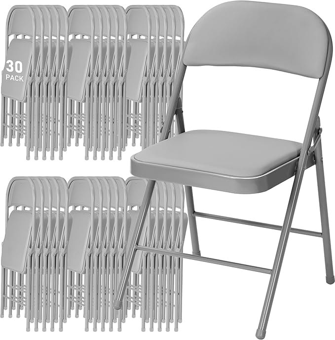 SEALAMB 30 Pack Grey Folding Chairs with Padded Seats & Cushion, Durable Metal Foldable Chairs for Wedding Party, Commercial Chairs for Office School Church Events, 330lb Capacity (Grey-PU, 30 Pack)