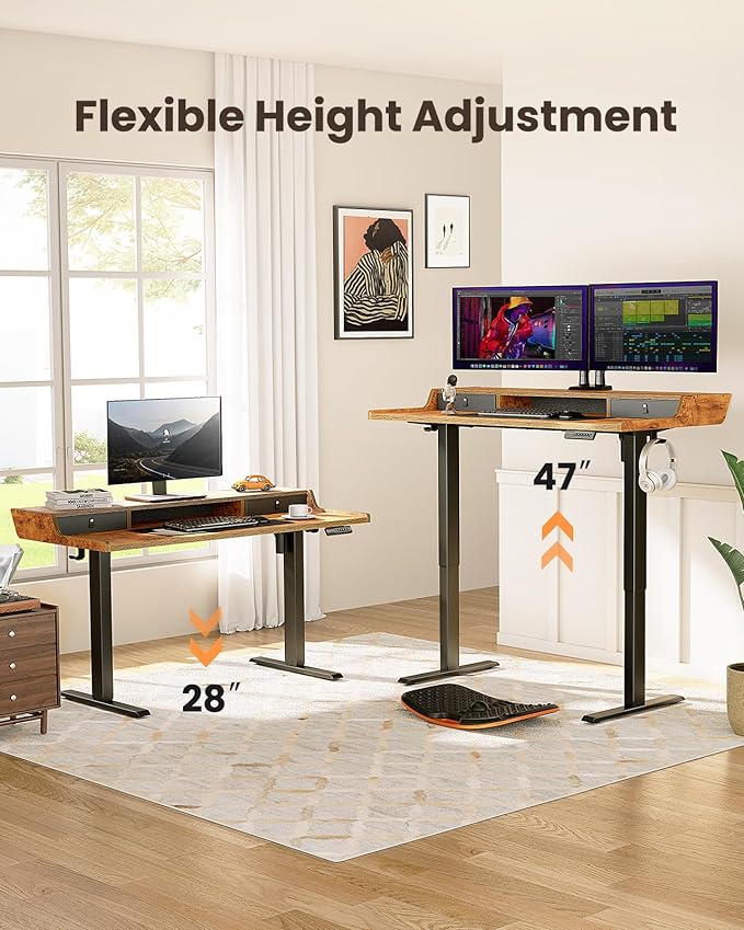 ErGear Electric Standing Desk with Drawers, 55″ x 28″ Gaming Table Compatible Monitor Stand, Stand up Desks, Home Office Height-Adjustable Desk with Storage Shelf, 4 Preset Heights, Vintage Brown