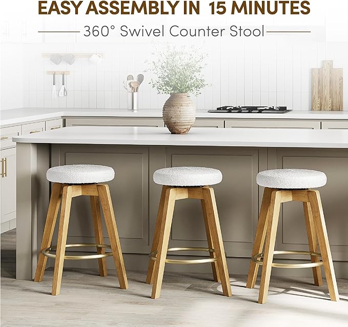 Swivel Premium Solid Wood Counter Stool 25", 360° Rotating Upholstered Cushion, Backless Bar Chair for Island, Pub, Kitchen, Dining Room (Light Oak)