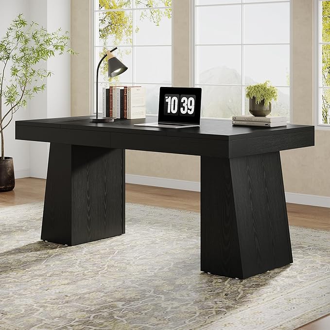 Tribesigns 55" Executive Desk, Wooden Office Desk with Double Pedestal, Modern Simple Computer Writing Table for Home Office, Black
