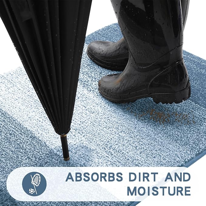 Kitinjoy Indoor Outdoor Door Mat, 32x20 Non-Slip Absorbent Dirt Trapper, Low-Profile Washable Inside Entrance Front Floor Mat, Sturdy Soft Entry Doormats for Entryway, Light Blue