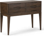 SIMPLIHOME Harper Console Table - 40 Inch Wide Solid Hardwood Sofa Table in Walnut Brown, Mid-Century Modern Storage Table for Entryway or Living Room with 4 Drawers, Notched Handles, and Tapered Legs