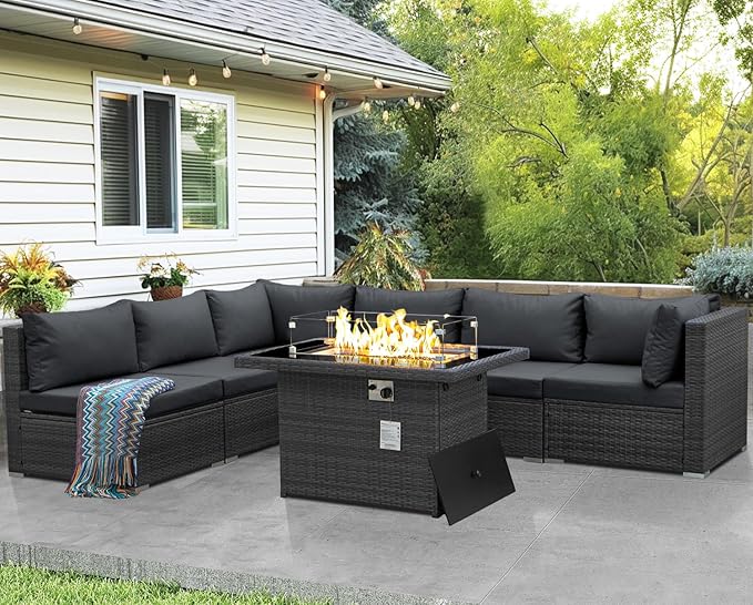 NICESOUL Extra Large Rattan Patio Furniture Set with Gas/Propane Fire Pit Table, 29.3'' High Back Comfy Outdoor Sofa Conversations, 7 Piece Moden Deep Wide Seated Sectional Couch for Backyard, Gray