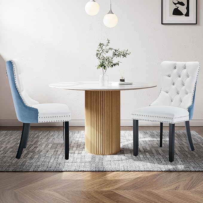 Leather Upholstered Dining Chairs Set of 2, Modern Style Kitchen Side Chairs with Nailhead Trim and Wood Leg, Metal Pulling Ring for Dining Room Living Room(White&Blue,Set of 2)