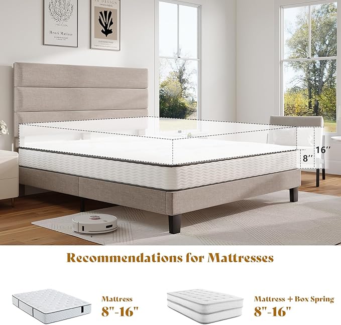 AMERLIFE Queen Size Bed Frame with Linen Upholstered Headboard, Modern Platform Bed with Wooden Slats Support, Noise-Free, No Box Spring Needed, Easy Assembly, Beige