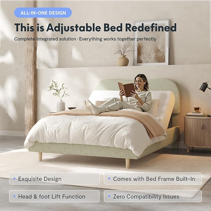 FLEXISPOT Queen All-in-One Adjustable Bed with 12" Gel Memory Foam Mattress, Linen Upholstered Bed Frame, Head & Foot Incline, Adjustable Headboard, 10-Year Warranty, Sage