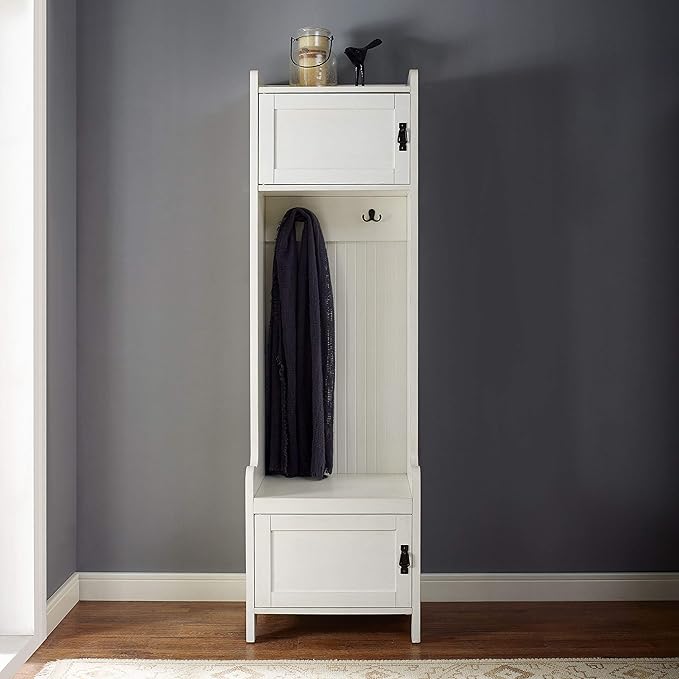 Crosley Furniture Fremont Hall Tree with Storage Cabinets and Coat Rack Hooks for Hanging, Distressed White