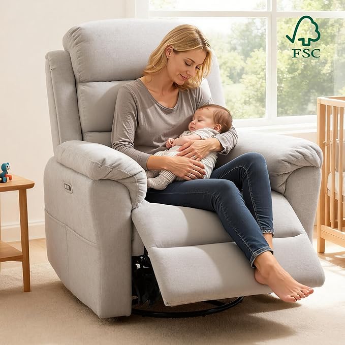 FLEXISPOT XRC6-Pro Nursery Power Glider Recliner w/Adjustable Headrest, 270° Swivel Rocker Recliner for Nursery w/Massage & Heat, Water & Stain Resistant Ribbed Chenille, FSC Certified, Light Grey