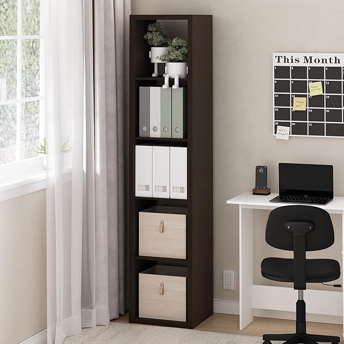 Furinno CUBICLE Book Shelf, 5-Cube Vertical Thick Frame Bookshelf, Horizontally & Vertically Reversible Bookcase with Open Back, 14.6 x 15.9 x 72, for Living Room, Bedroom, Home Office, Black Dark Oak