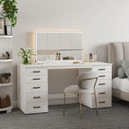WOPITUES 60" Modern Home Office Desk with 10 Wooden Drawers, Computer Writing Desk with Power Outlets, Large Executive Desk with Storage Cabinet for Work Study Writing Craft, Pure White