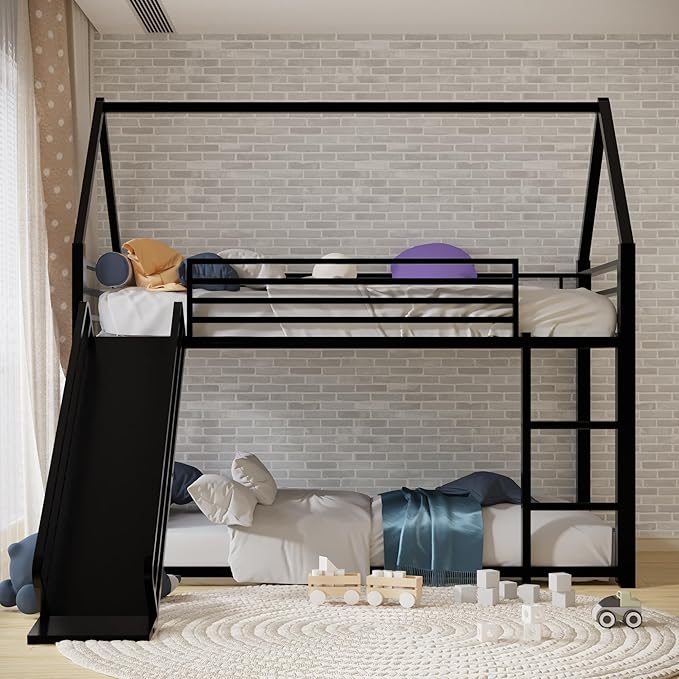 Twin Over Twin Bunk Bed with Slide,House Shaped Bedframe w/Ladder, Heavy Duty Low Bunk Bed Frame with Guardrail,No Box Spring Needed & Easy Assemble(Black)