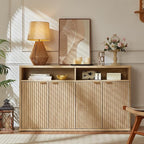 LEYAOYAO Fluted Buffet Cabinet with Storage, 55" Wide Wood Sideboard Credenza with 4 Doors & Open Storage Shelf, Kitchen Entryway Accent Table, Modern Console Cabinets for Dining Room, Natural Oak