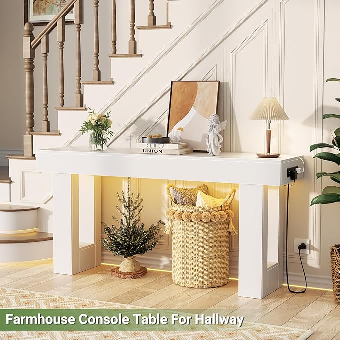 Unikito 63'' Farmhouse Console Table with Power Outlets and Sensor Light, Wooden Entryway Table with Storage, Rectangular Sofa Tables Behind The Couch for Entrance, Hallway, Living Room, White