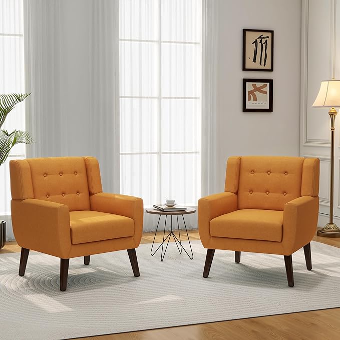 Accent Chair, Mid-Century Modern Fabric Chairs with Arms for Living Room, Comfy Upholstered Club Single Sofa Armchair for Bedroom Waiting Room with Solid Wood Frame (Fabric Orange, Set of 1)