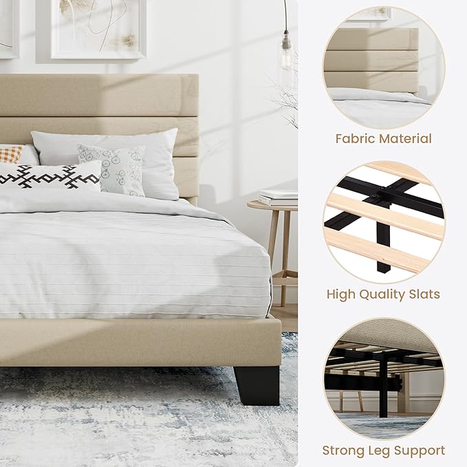 SHA CERLIN King Platform Bed Frame with Upholstered Fabric Headboard, Mattress Foundation with Strong Wooden Slats Support, No Box Spring Needed, Beige