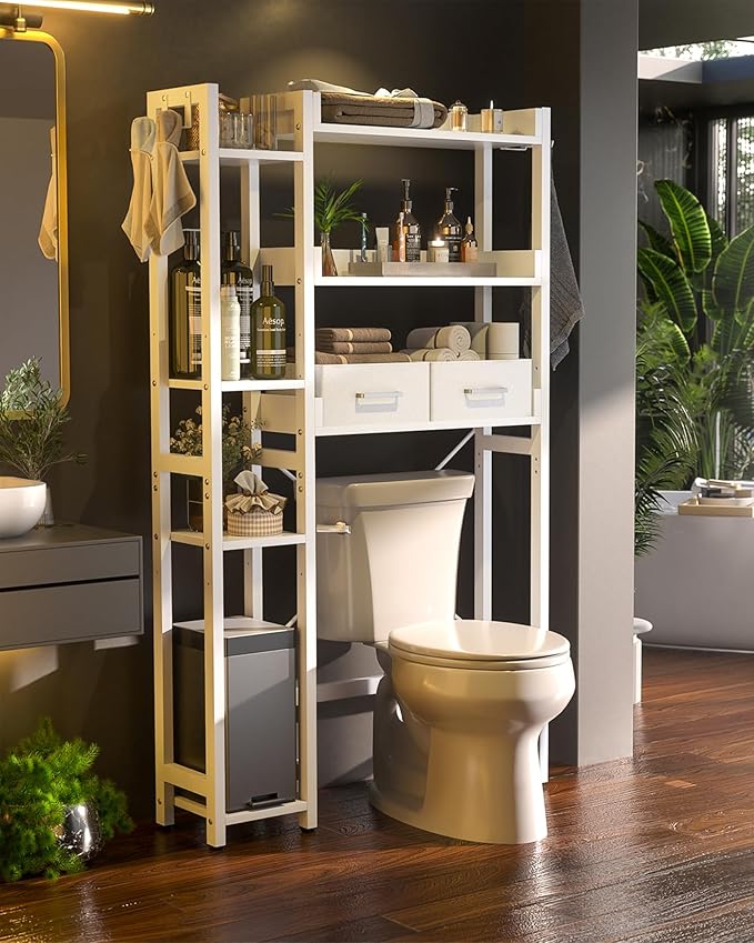 Over The Toilet Storage with 2 Drawers - 7 Tier Bathroom Organizer with Adjustable Shelf, Freestanding Space Saver Storage Rack Above Toilet Stand with 4 Hooks for Restroom, Laundry, White