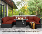NICESOUL 9 Piece Plus Size Outdoor Patio Conversation Set with Firepit Natural Gas/Propane, 29.3'' High Back Modular Sectional Sofa Sets, Heavy Duty Backyard Furniture, 2 Color Cushion Red & Grey