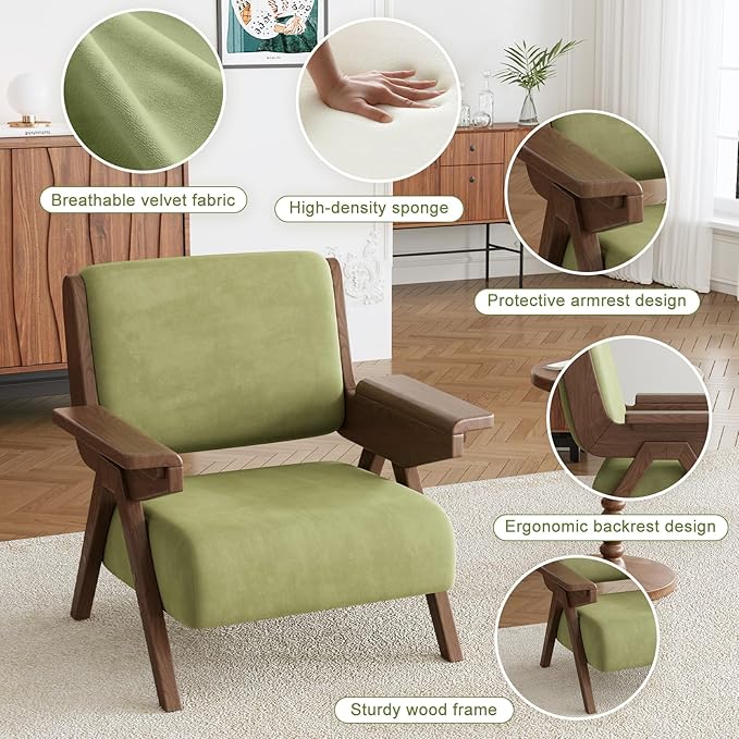 Mid Century Modern Accent Chair, Fabric Upholstered Lounge Arm Chair with Solid Wood Frame for Living Room, Bedroom, Office, Reading Corner (Green)