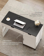 47" Fluted Executive Desk, Modern Wood Home Office Desk with Charging Station, Drawer & Cabinet, Computer Writing Desk for Work Study, White and Black