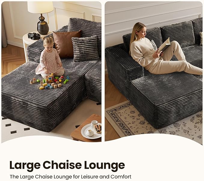 104" Cloud Sectional Couch with Chaise, Boneless L-Shaped Cloud Couch with Deep Seat, Soft Plush Modern Minimalist Sofa, Assembly Free Comfy Sofa for Office Living Room Apartment(Grey, Left Chaise)