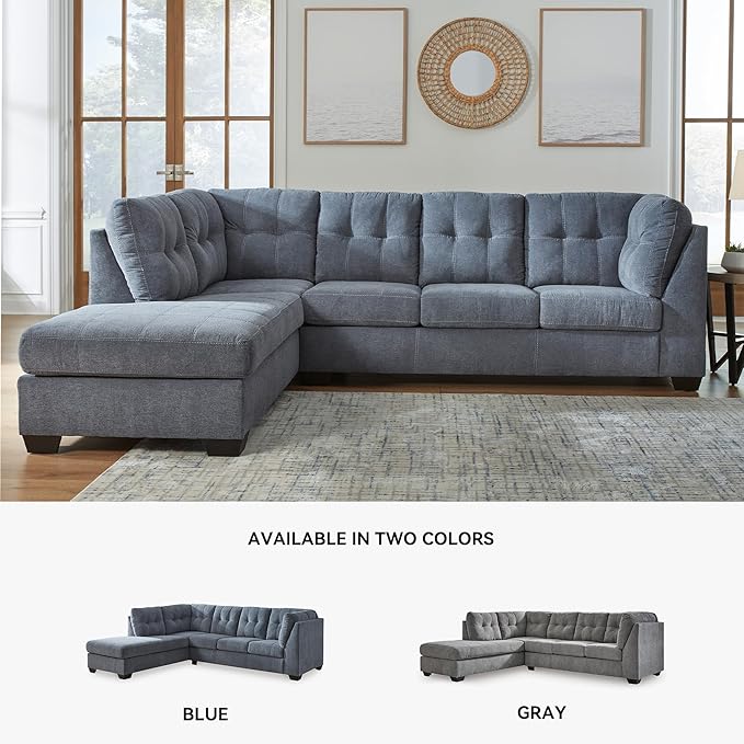 Signature Design by Ashley Marleton Contemporary Left-Arm Facing Tufted 2-Piece Sleeper Sectional with Chaise, Loose Seat Cushions and Bi-Fold Memory Foam Mattress, Full, Blue