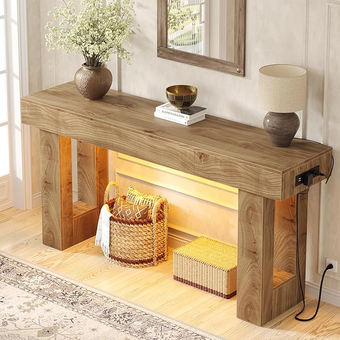 Unikito 63'' Farmhouse Console Table with Power Outlets and Sensor Light, Wooden Entryway Table with Storage, Rectangular Sofa Tables Behind The Couch for Entrance, Hallway, Living Room, Natural Oak