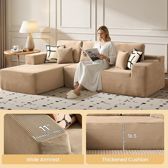 104" Cloud Sectional Couch with Chaise, Boneless L-Shaped Cloud Couch with Deep Seat, Corduroy Modern Minimalist Sofa, Assembly Free Comfy Sofa for Office Living Room Apartment(Camel, Left Chaise)