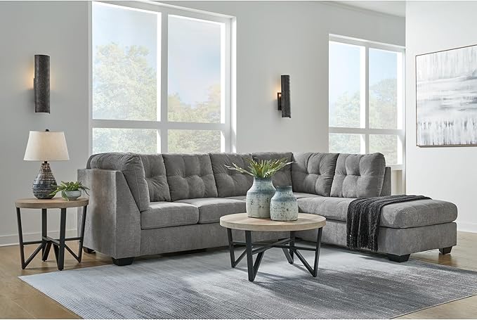 Signature Design by Ashley Marleton Contemporary Right-Arm Facing Tufted 2-Piece Sectional with Chaise and Loose Seat Cushions, Light Gray