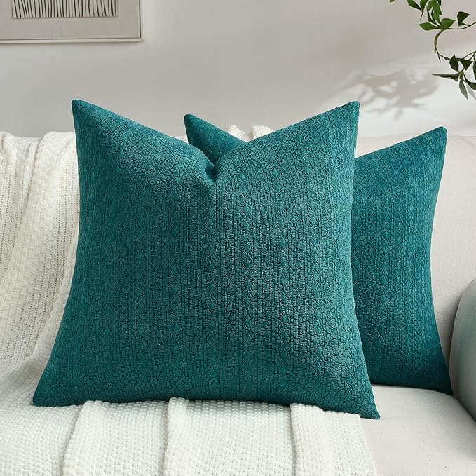 FUTEI Teal Chenille Throw Pillow Covers 22x22 Inch Set of 2,Soft Striped & Diamond Textured Cushion Cases,Modern Home Decor for Couch Living Room