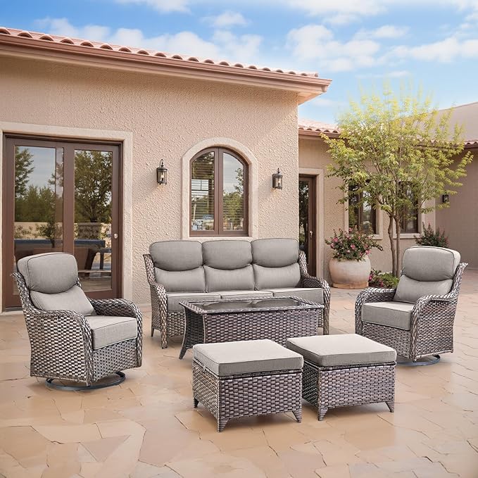Swivel Patio Chairs sofa Set of 6 with 6" Thick Cushion - Wicker Outdoor Swivel Rocker Patio Chair ,Sofa/Glass coffee table, High Back Comfortable Outdoor Glider Chairs - Brown Wicker | Gery Cushions