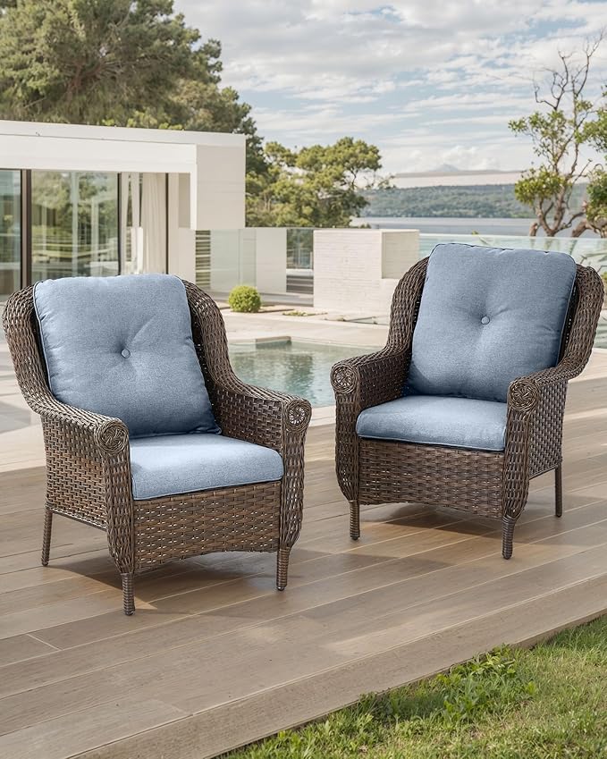 Patio Wicker Chairs Outdoor Furniture Chair - Set of 2 Outside All Weather Lawn Dining Brown Rattan Armchair with High Back&Deep Seating for Deck Porch Balcony Backyard Garden - Baby Blue