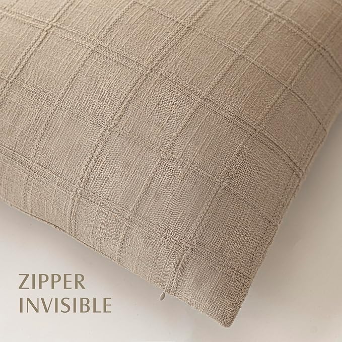 Foindtower Set of 2 Decorative Linen Check Throw Pillow Covers Neutral Farmhouse Vintage Cushion Covers Modern Coastal Boho Home Decor for Sofa Chair Couch Bedroom Living Room,26×26 Inch,Camel